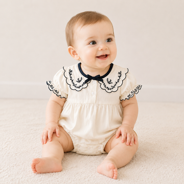 Newborn Baby Girl Embroidered Collar Bodysuit with Bow – Short Sleeve Summer Outfit