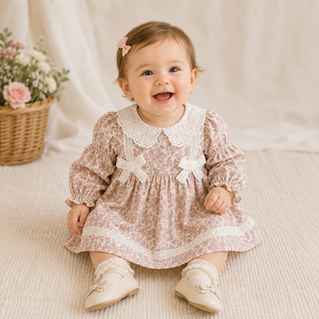 Baby Girl Long Sleeve Floral Princess Dress with Lace Bow – Spring Fall Outfit