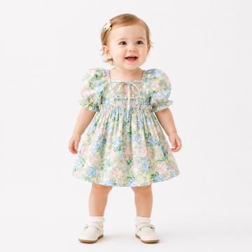 Baby Girl Floral Tie-Back Dress – Short Sleeve Korean Style Summer Outfit