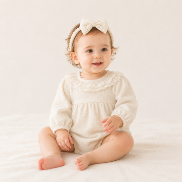 Baby Girl Waffle Knit Lace Romper – Long Sleeve Spring Fall Outfit