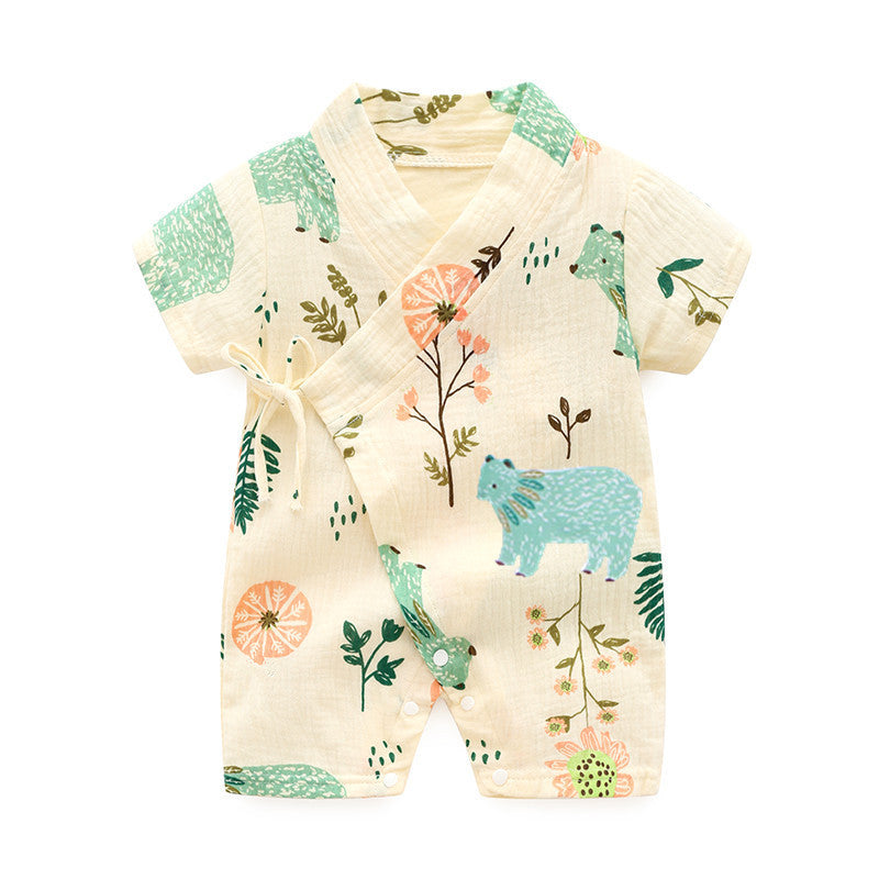 Baby Short Sleeve Kimono Romper – Breathable Crinkle Cotton Summer Bodysuit