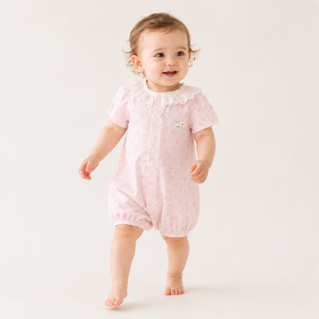 Baby Girl Lace Collar Short Sleeve Bodysuit – Lightweight Breathable Summer Romper