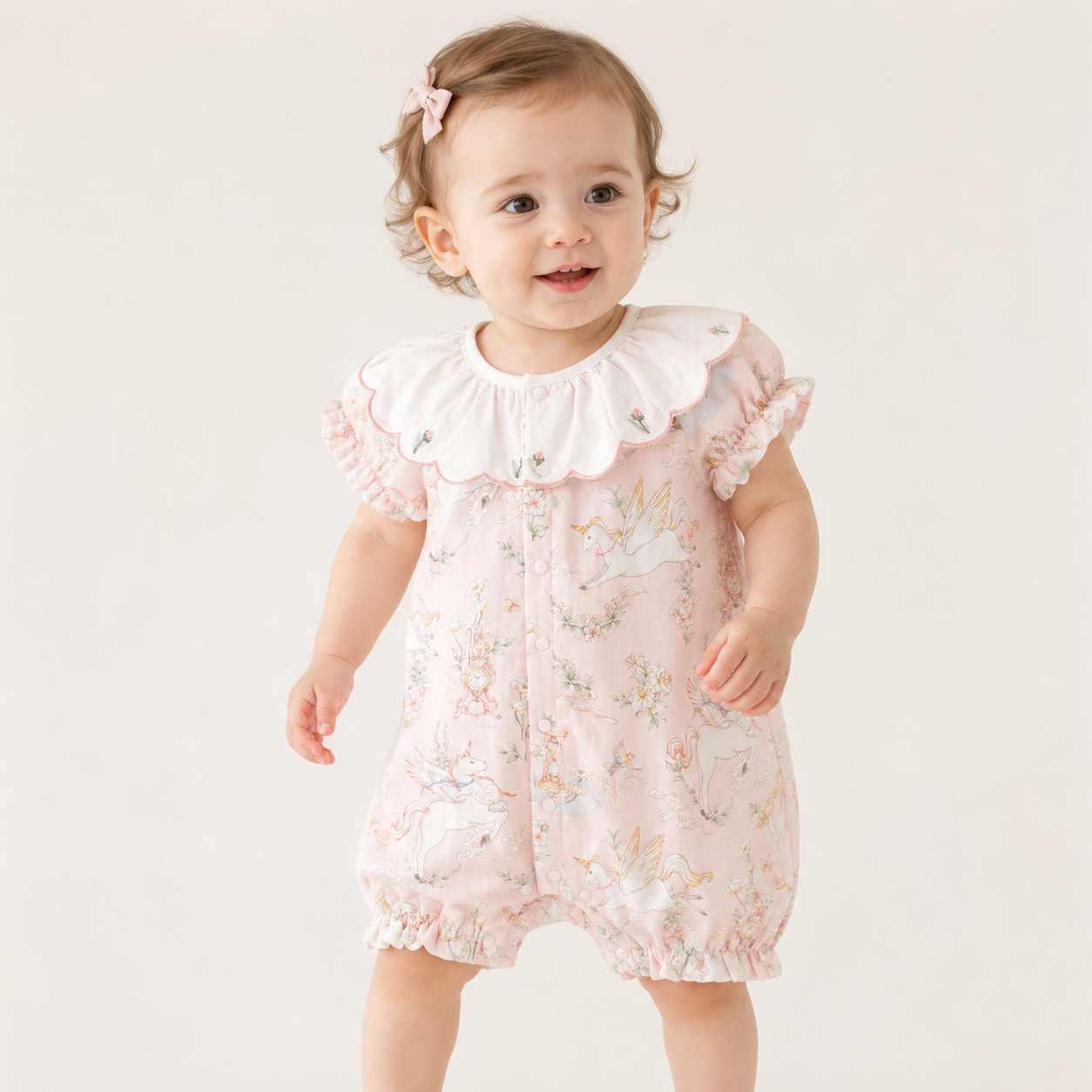 Baby Girl Short Sleeve Cotton Romper with Embroidered Collar – Floral Summer Outfit