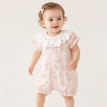 Baby Girl Short Sleeve Cotton Romper with Embroidered Collar – Floral Summer Outfit