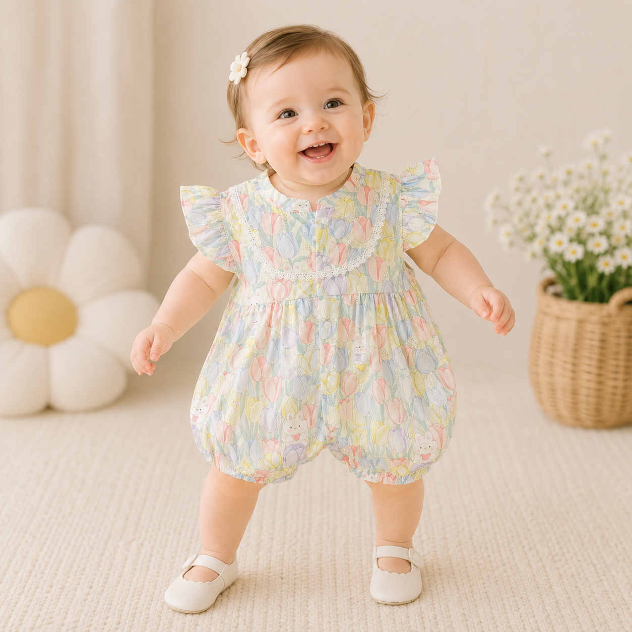 Baby Girl Tulip Bunny Ear Romper – Lightweight Summer Princess Bodysuit