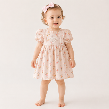 Baby Girl Pink Floral Romper Dress – Short Sleeve Matching Sister Summer Outfit