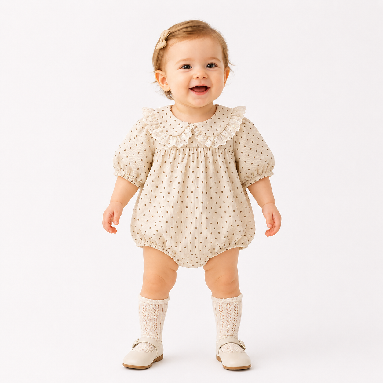 Baby Girl Floral Polka Dot Bodysuit with Lace Collar – Long Sleeve Spring Outfit