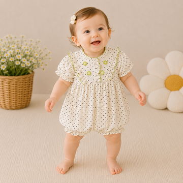 Baby Girl Floral Polka Dot Bodysuit with Lace Collar – Short Sleeve Summer Outfit