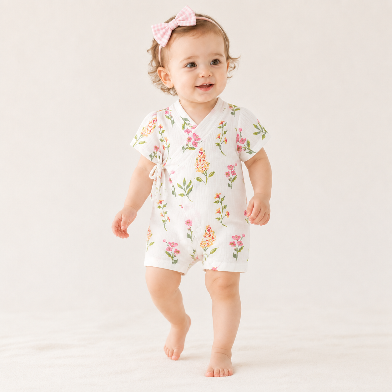 Baby Short Sleeve Kimono Romper – Breathable Crinkle Cotton Summer Bodysuit