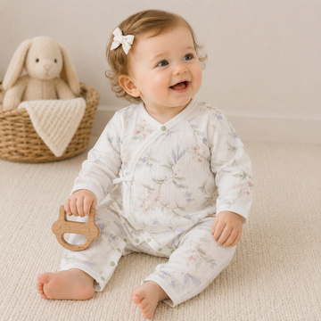 Newborn Tie-Side Cotton Sleep Romper – Lightweight Long Sleeve Summer Kimono Bodysuit