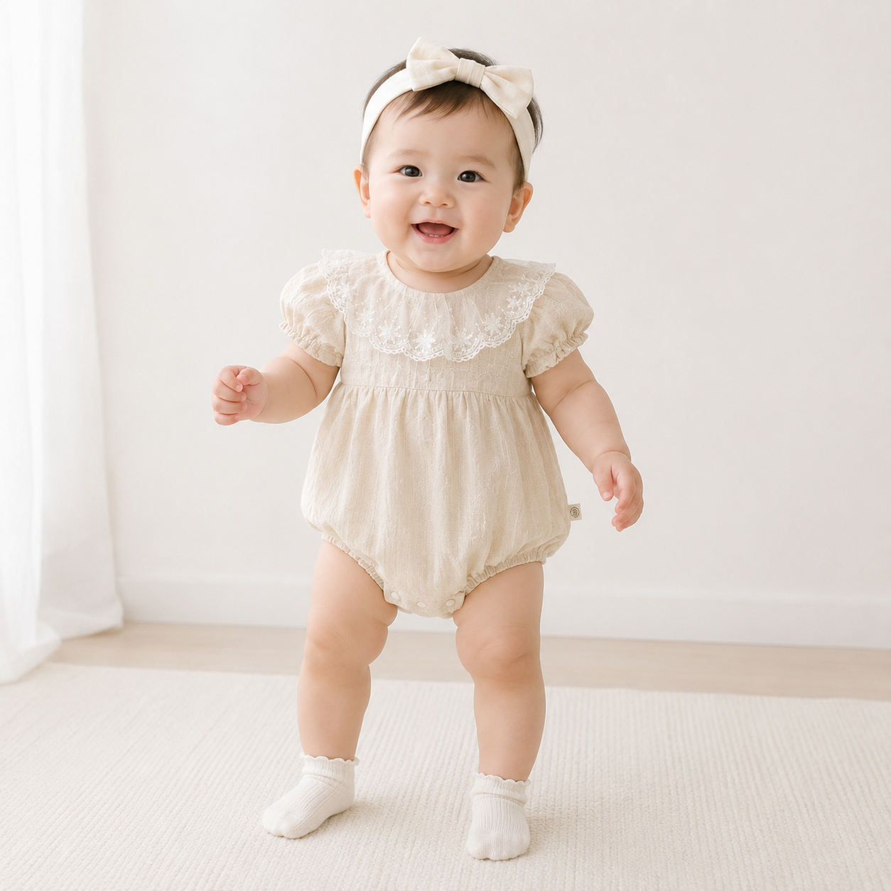 Baby Girl Lace Trim Short Sleeve Bodysuit – Lightweight Summer Cotton Romper