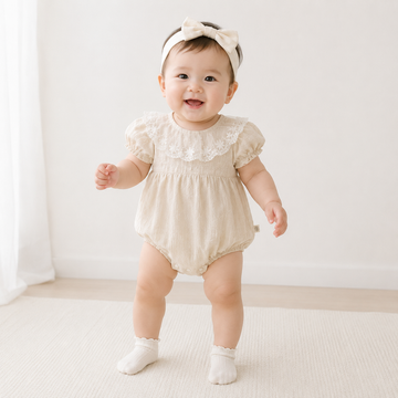 Baby Girl Lace Trim Short Sleeve Bodysuit – Lightweight Summer Cotton Romper