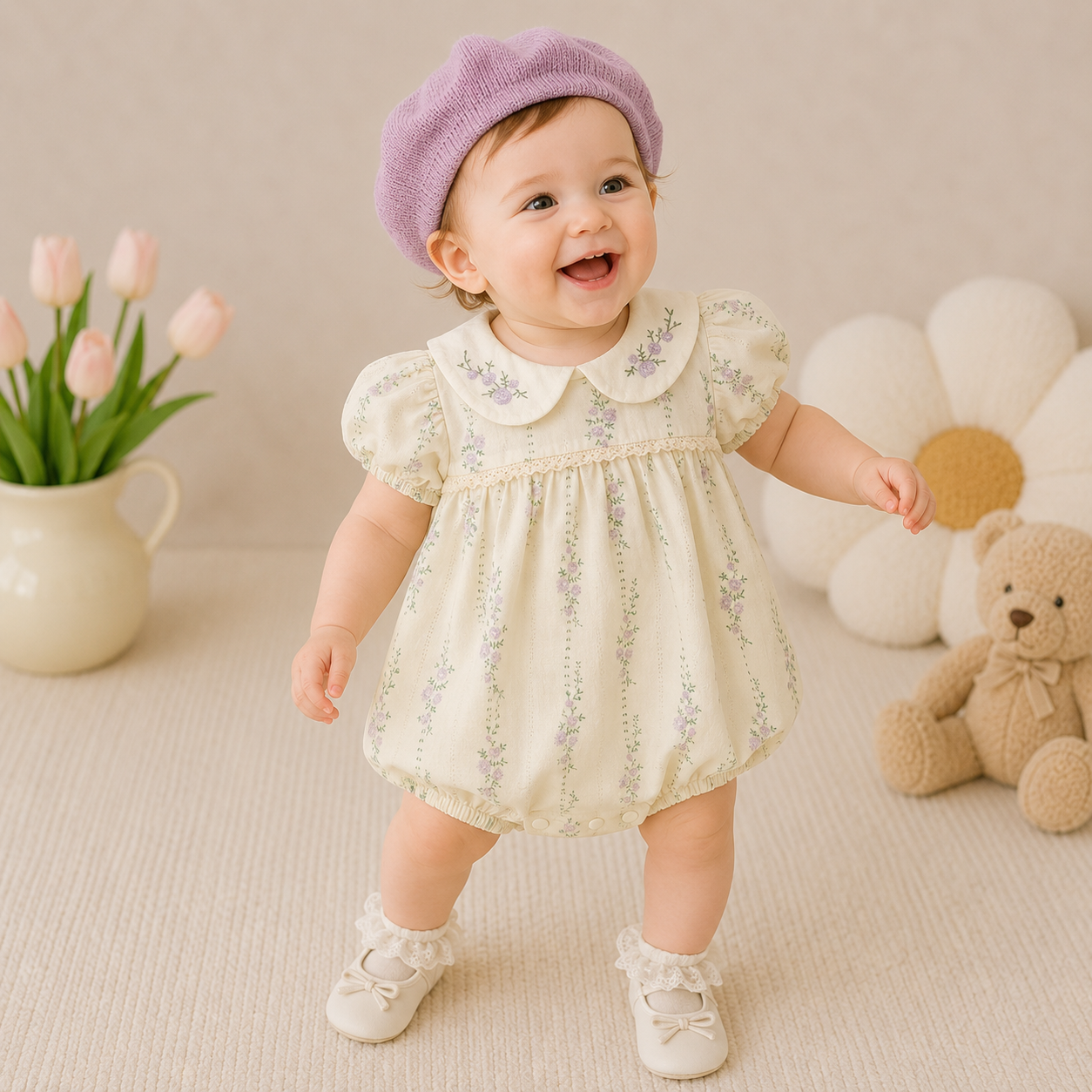 Baby Girl Purple Floral Bodysuit with Embroidered Doll Collar – Short Sleeve Summer Romper