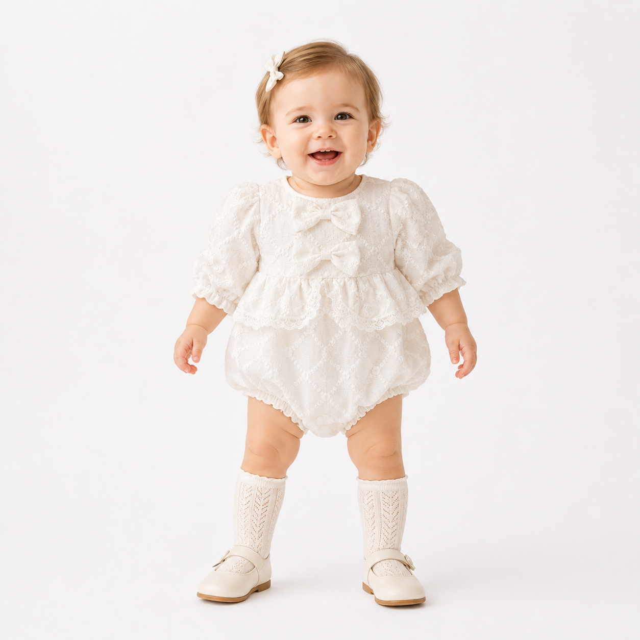 Baby Girl Long Sleeve Bow Bodysuit with Floral Embroidery – Sweet Cotton Outfit