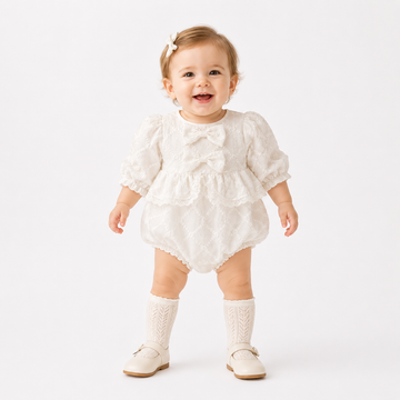 Baby Girl Long Sleeve Bow Bodysuit with Floral Embroidery – Sweet Cotton Outfit