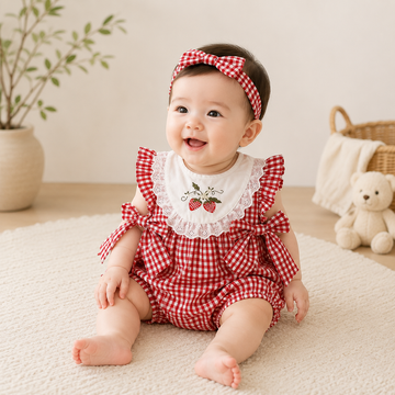 Baby Girl Red Plaid Embroidered Bodysuit with Headband – Lightweight Summer Outfit