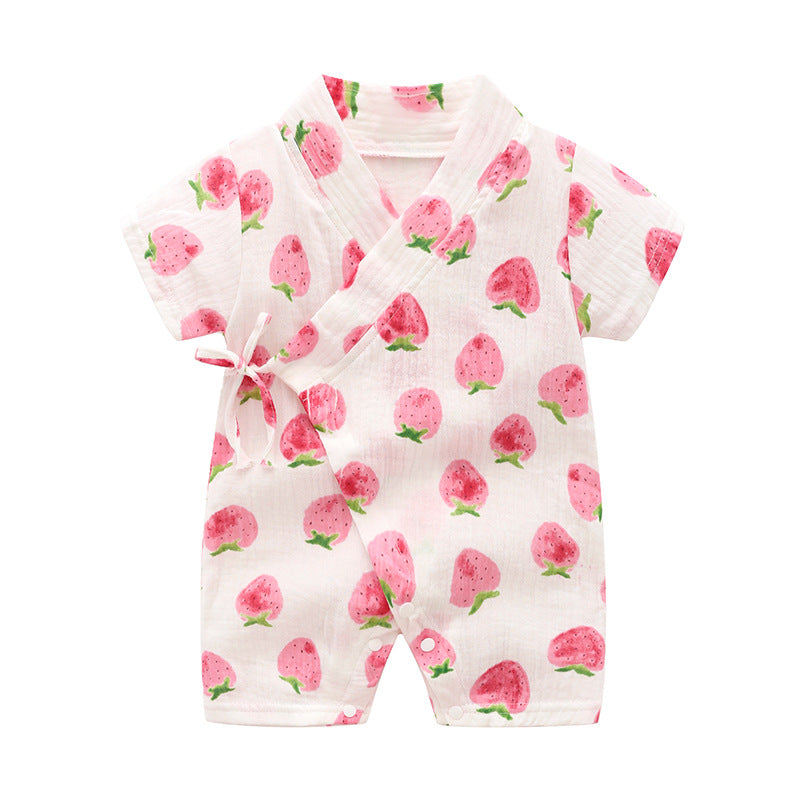 Baby Short Sleeve Kimono Romper – Breathable Crinkle Cotton Summer Bodysuit