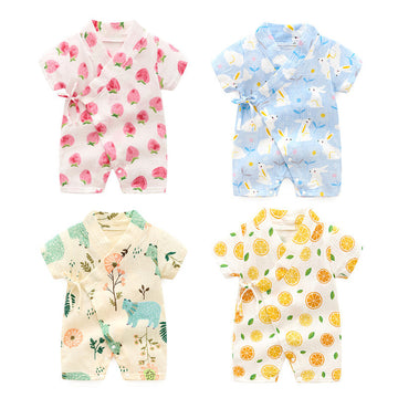 Baby Short Sleeve Kimono Romper – Breathable Crinkle Cotton Summer Bodysuit