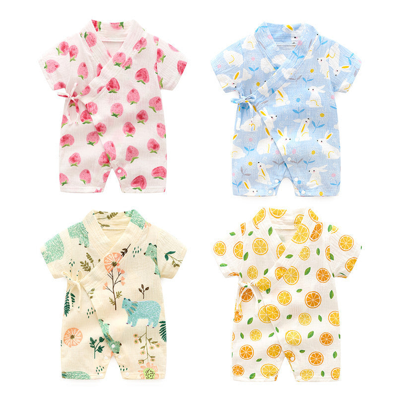 Baby Short Sleeve Kimono Romper – Breathable Crinkle Cotton Summer Bodysuit