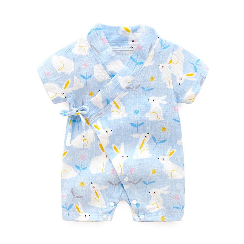 Baby Short Sleeve Kimono Romper – Breathable Crinkle Cotton Summer Bodysuit
