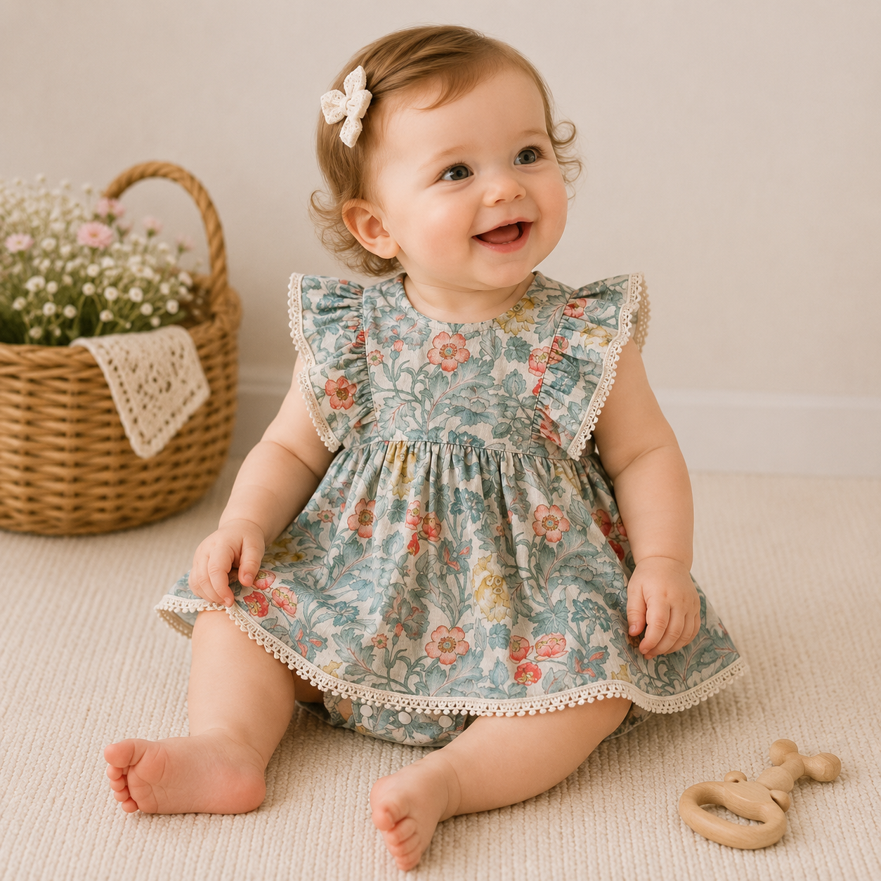 Baby Girl Green Floral Flutter Sleeve Romper Dress – Lightweight Summer Bodysuit