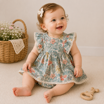Baby Girl Green Floral Flutter Sleeve Romper Dress – Lightweight Summer Bodysuit