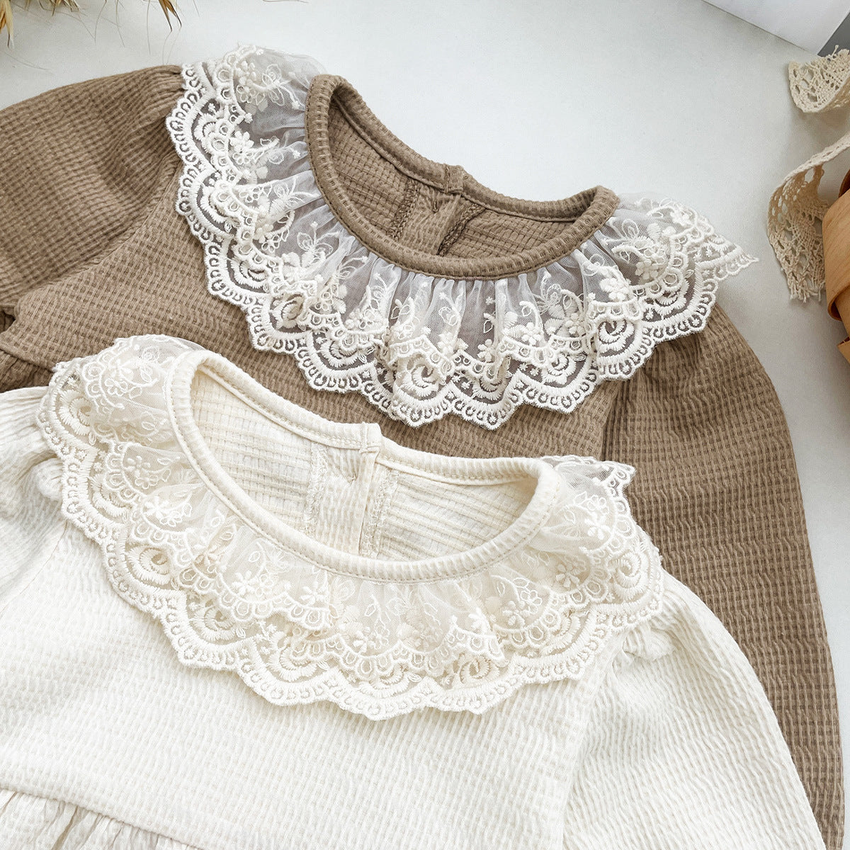 Baby Girl Waffle Knit Lace Romper – Long Sleeve Spring Fall Outfit