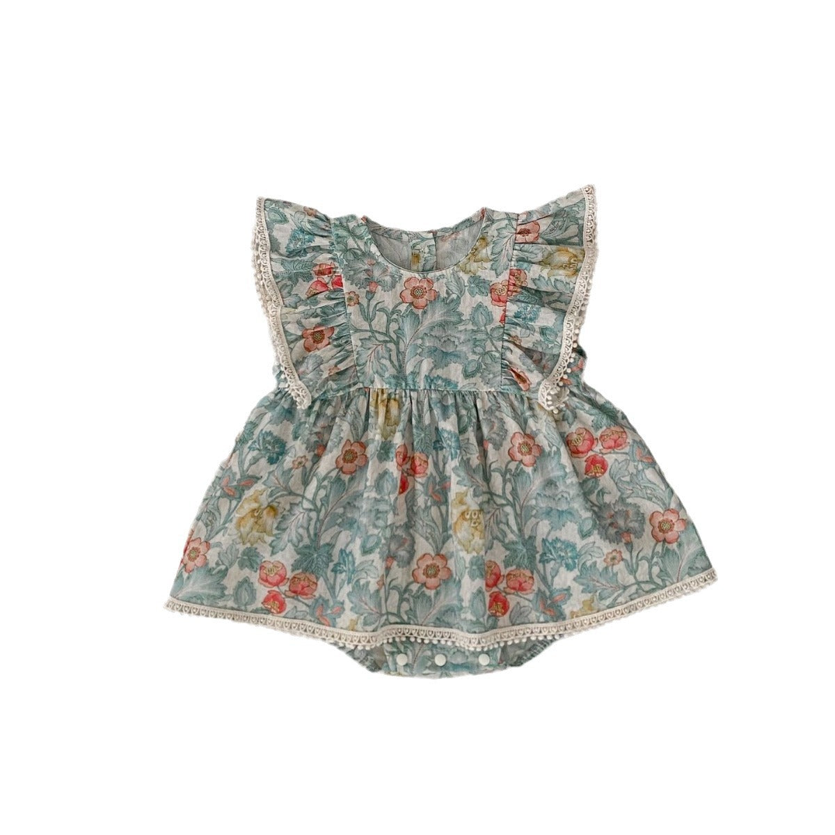 Baby Girl Green Floral Flutter Sleeve Romper Dress – Lightweight Summer Bodysuit