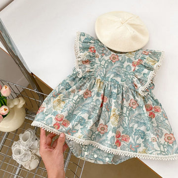 Baby Girl Green Floral Flutter Sleeve Romper Dress – Lightweight Summer Bodysuit