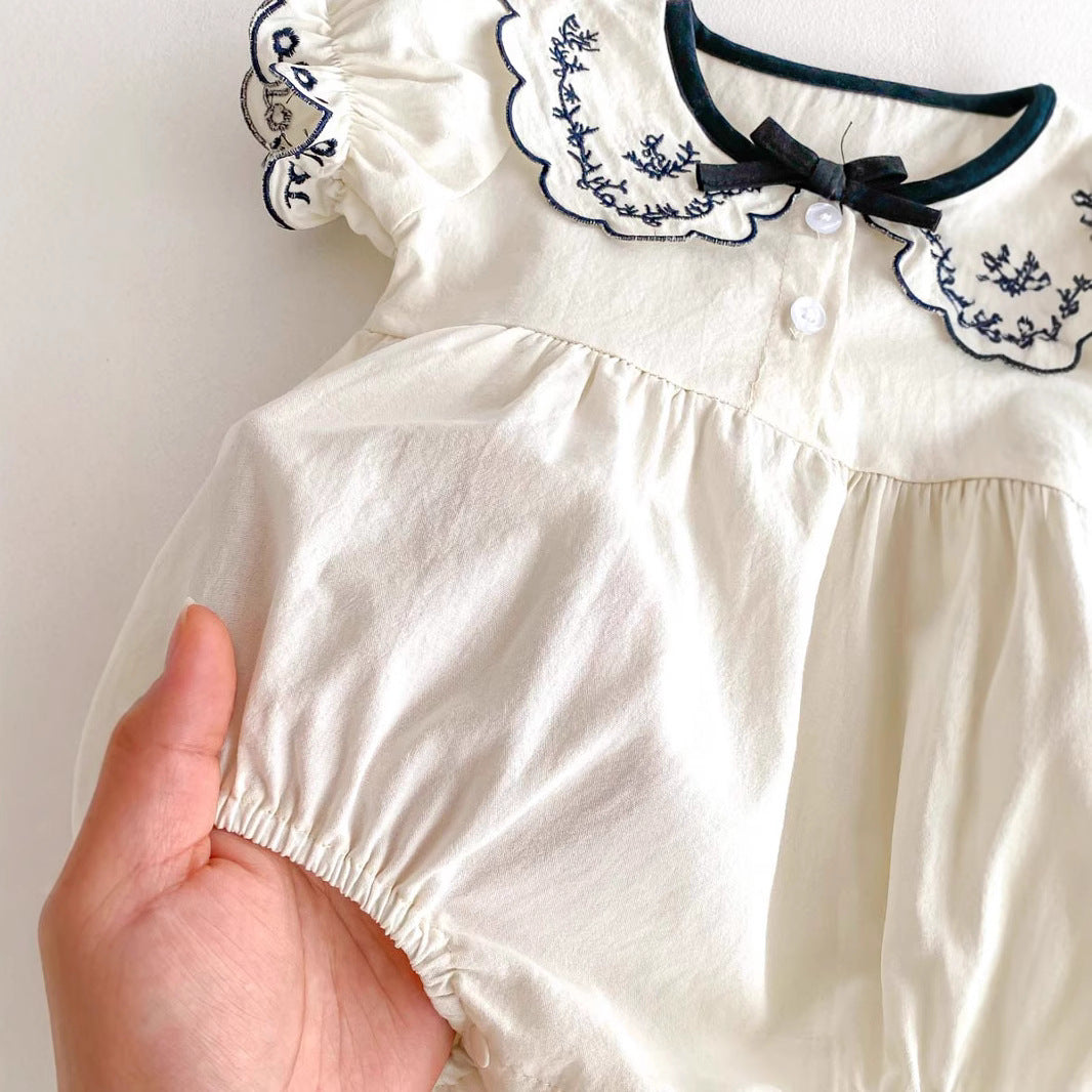 Newborn Baby Girl Embroidered Collar Bodysuit with Bow – Short Sleeve Summer Outfit