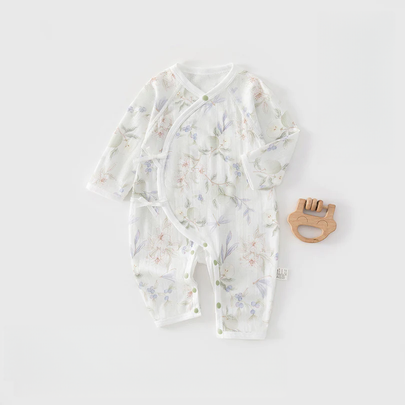 Newborn Tie-Side Cotton Sleep Romper – Lightweight Long Sleeve Summer Kimono Bodysuit