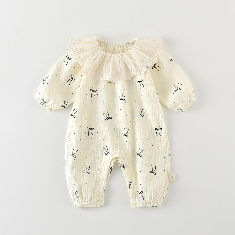 Baby Girl Floral Muslin Romper – Long Sleeve Spring Fall Outing Outfit