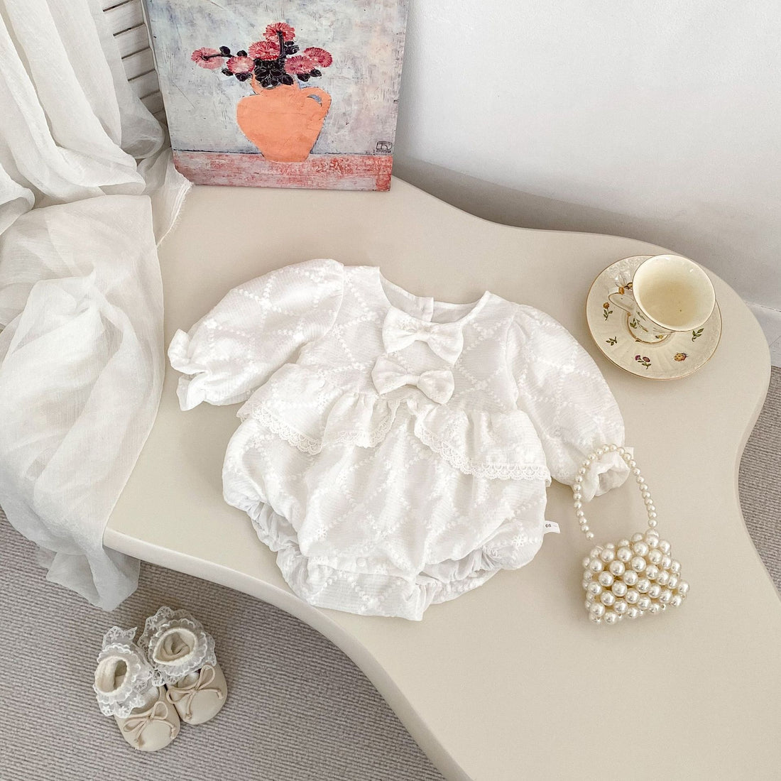 Baby Girl Long Sleeve Bow Bodysuit with Floral Embroidery – Sweet Cotton Outfit