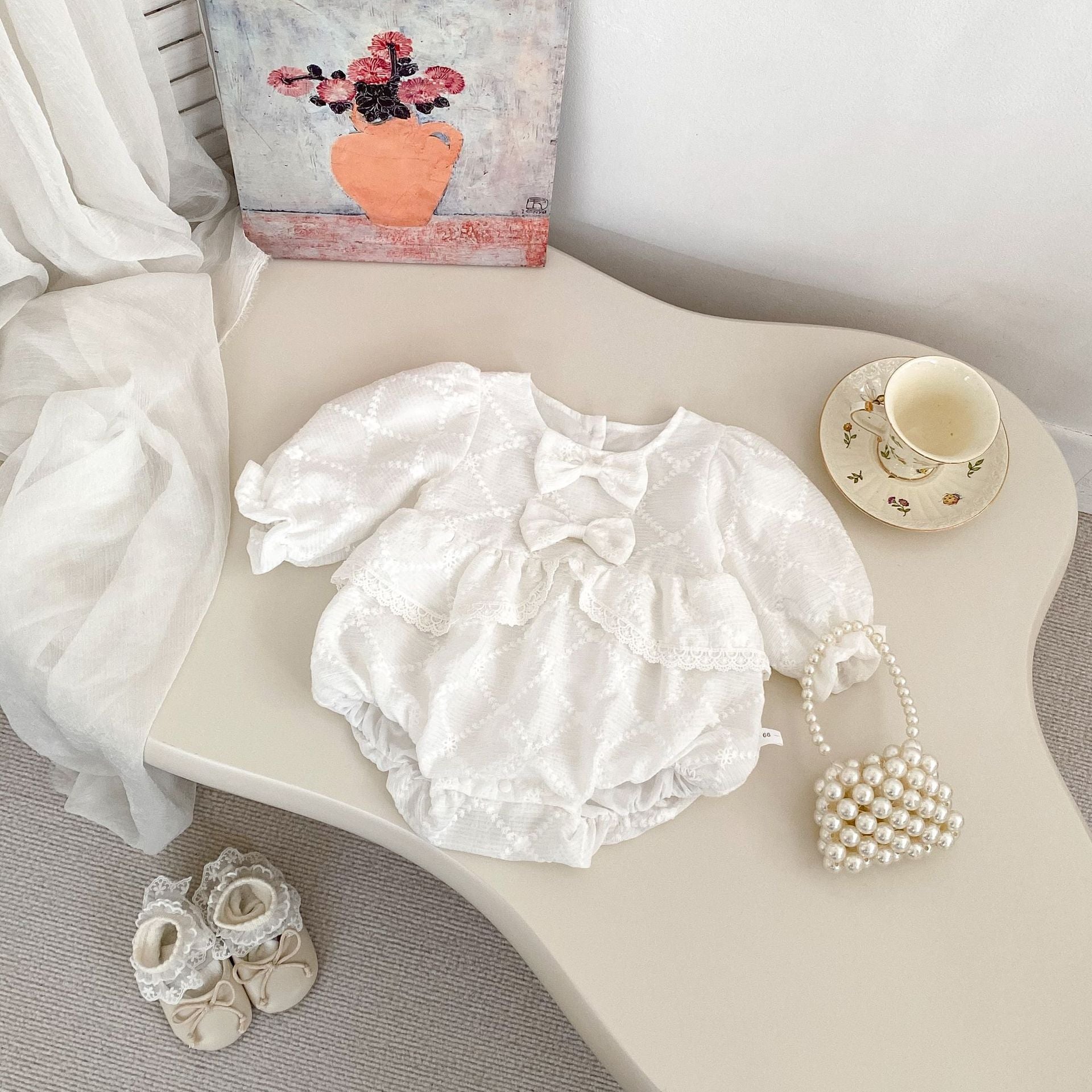 Baby Girl Long Sleeve Bow Bodysuit with Floral Embroidery – Sweet Cotton Outfit