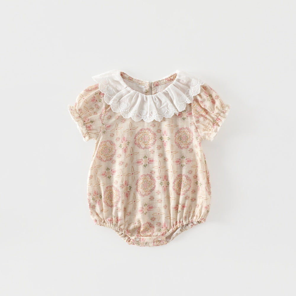 Newborn Floral Gauze Bodysuit – Short Sleeve Summer Cotton One-Piece
