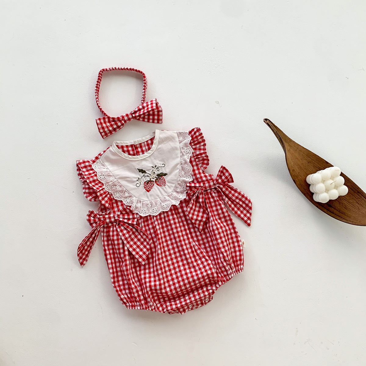 Baby Girl Red Plaid Embroidered Bodysuit with Headband – Lightweight Summer Outfit