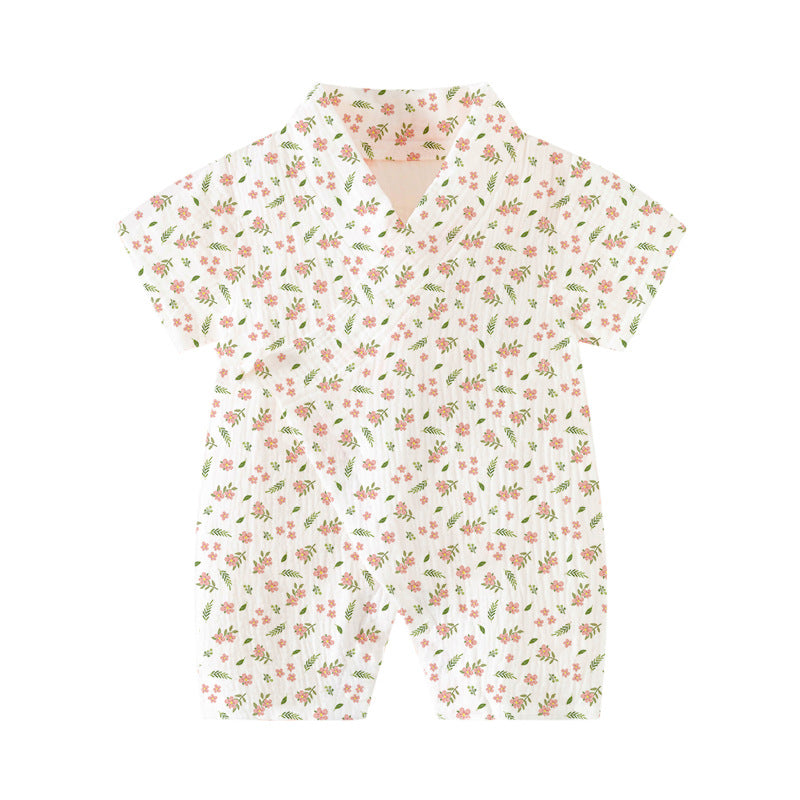 Baby Short Sleeve Kimono Romper – Breathable Crinkle Cotton Summer Bodysuit