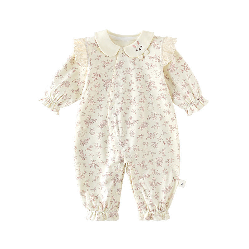 Baby Girl Soft Velvet Floral Romper – Long Sleeve Spring Fall Princess Outfit