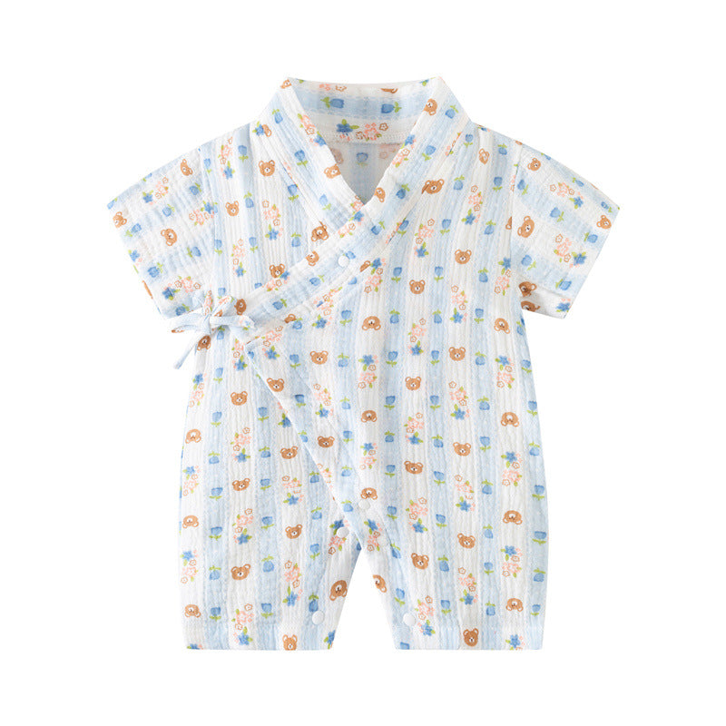 Baby Short Sleeve Kimono Romper – Breathable Crinkle Cotton Summer Bodysuit