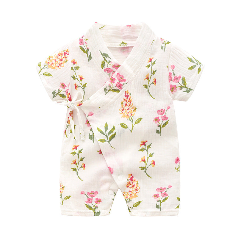 Baby Short Sleeve Kimono Romper – Breathable Crinkle Cotton Summer Bodysuit