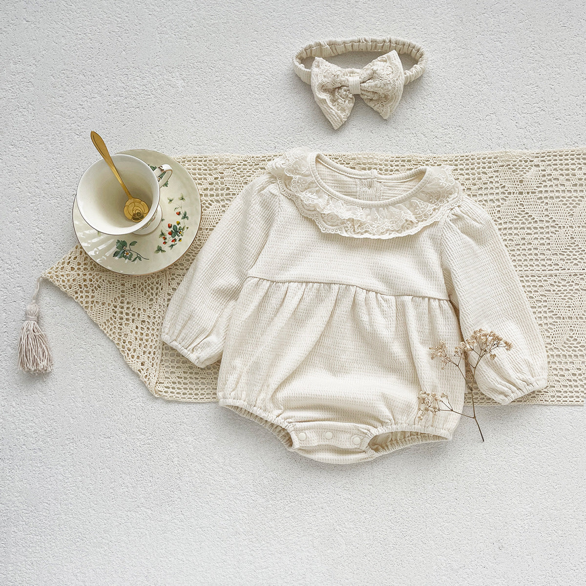 Baby Girl Waffle Knit Lace Romper – Long Sleeve Spring Fall Outfit