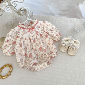 Baby Girl Floral Bow Bodysuit with Stand Collar – Long Sleeve Fall Outfit