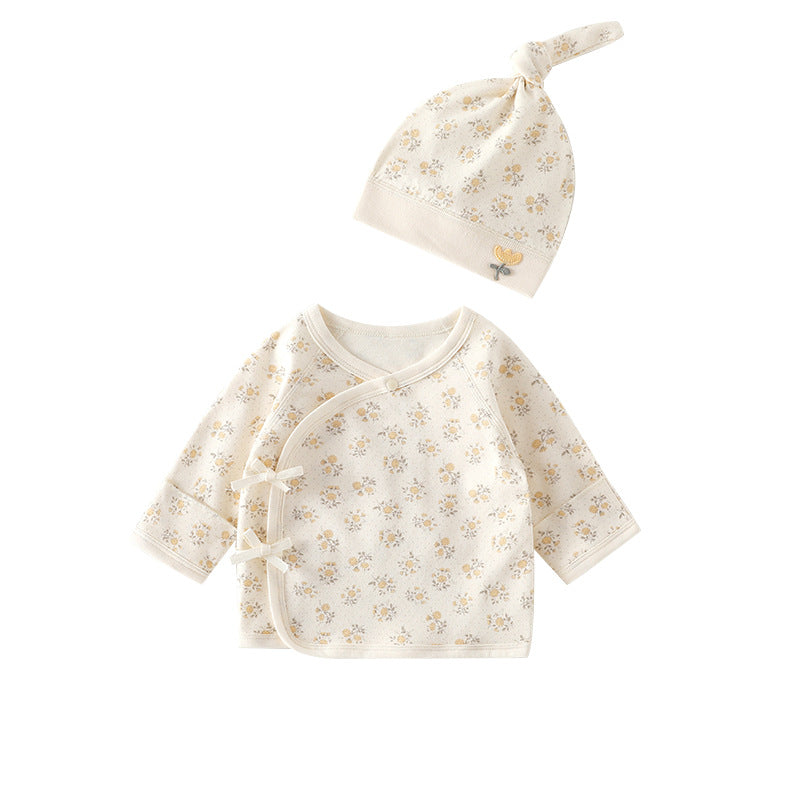 Newborn Cotton Baby Top with Hat – Seamless Side-Tie Infant Shirt