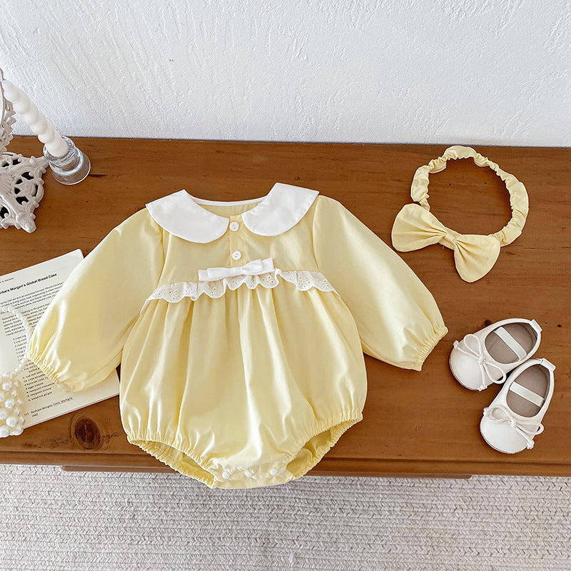 Baby Girl Butter Yellow Romper Dress – Long Sleeve Sweet Sister Spring Outfit