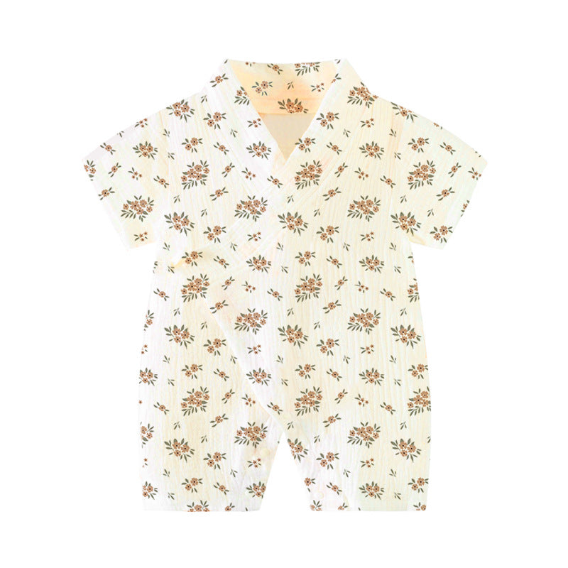 Baby Short Sleeve Kimono Romper – Breathable Crinkle Cotton Summer Bodysuit