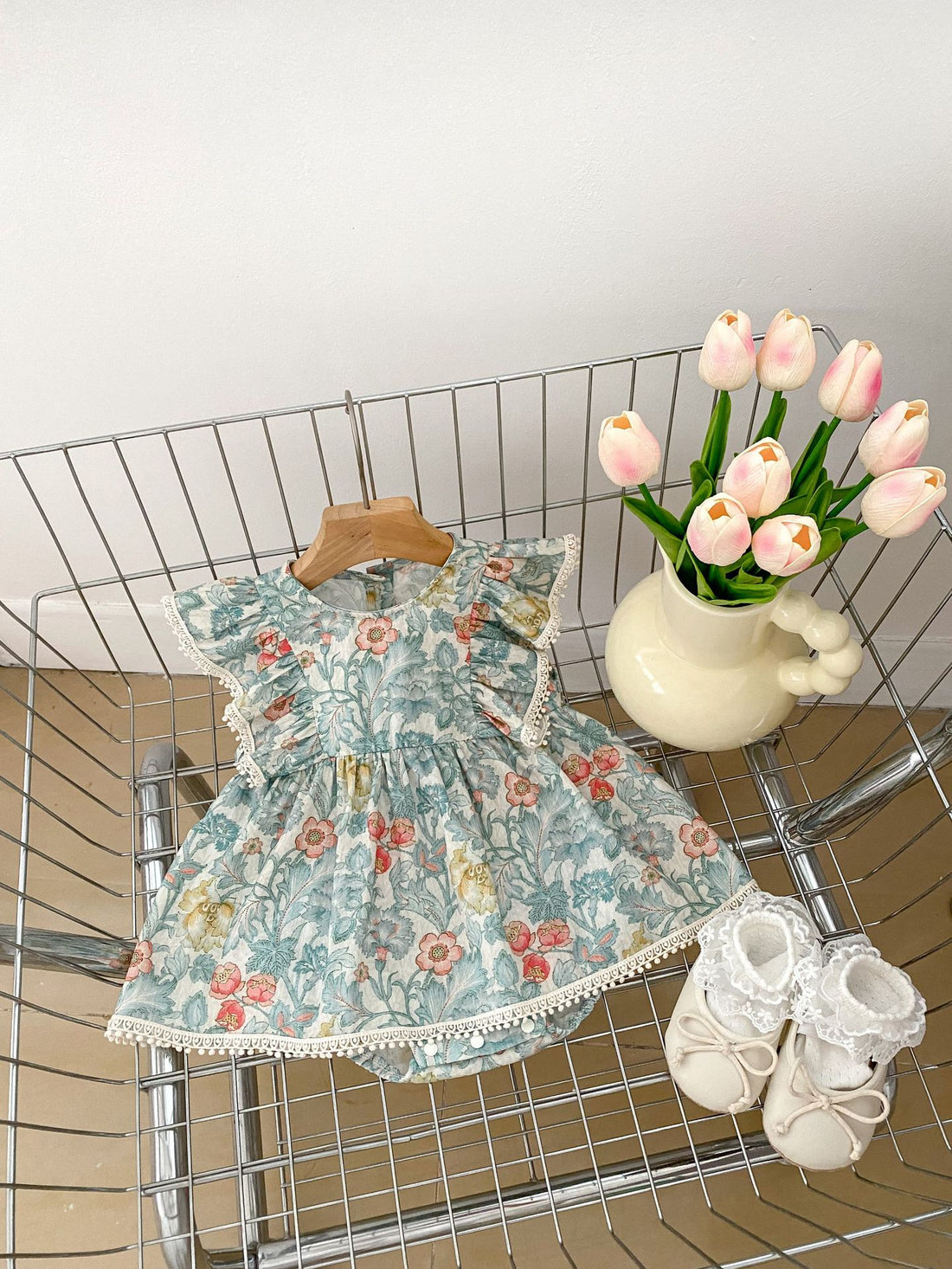 Baby Girl Green Floral Flutter Sleeve Romper Dress – Lightweight Summer Bodysuit
