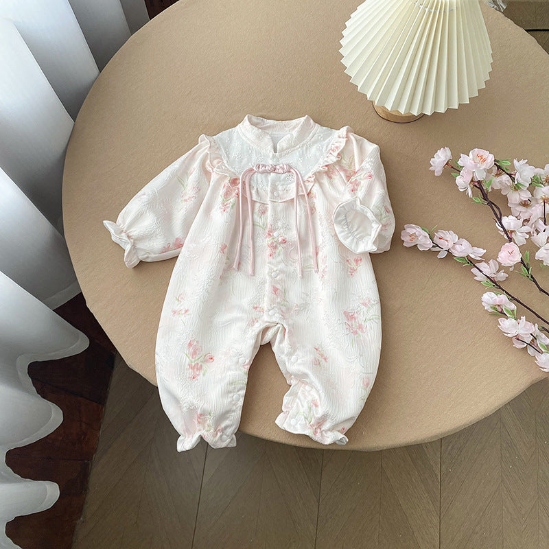 Baby Girl Chinese Style Floral Romper with Stand Collar – Long Sleeve Vintage Fall Outfit