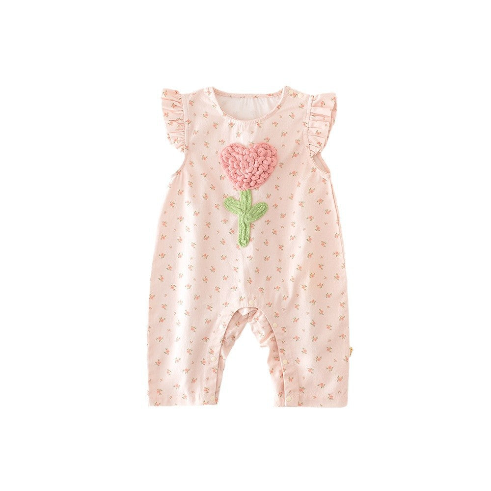 Baby Girl Floral Suspender Jumpsuit with Flutter Sleeves – Spring Newborn Outfit