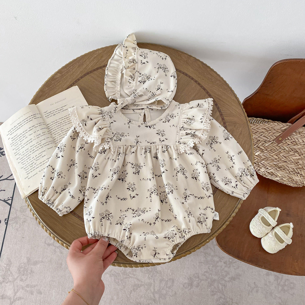 Baby Girl Corduroy Floral Romper with Bonnet – Long Sleeve Spring Fall Outfit