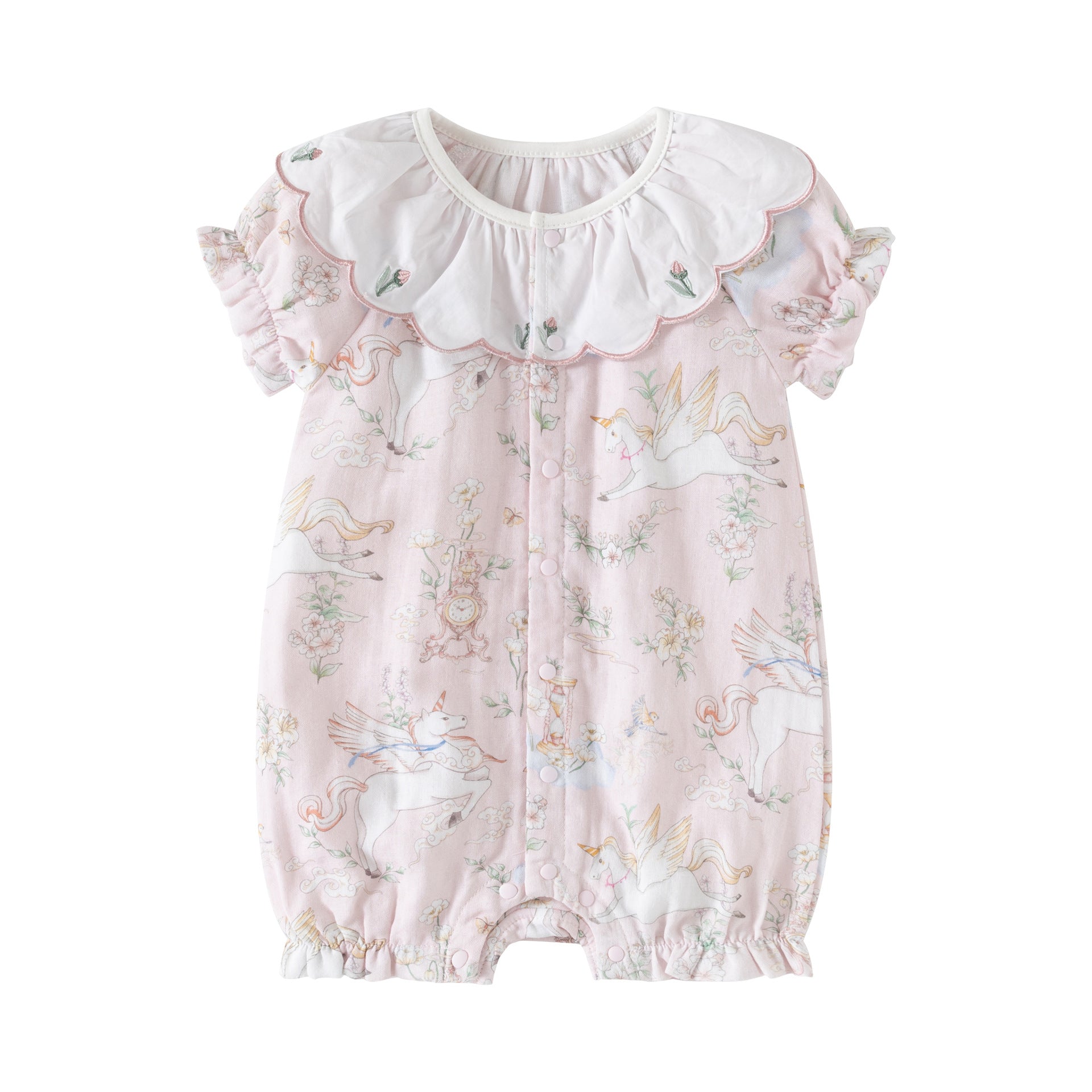 Baby Girl Short Sleeve Cotton Romper with Embroidered Collar – Floral Summer Outfit